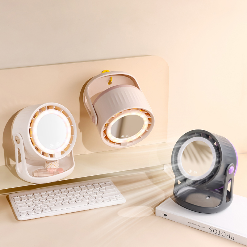3-in-1 night light mirror fan for desk with LED light and silent cooling