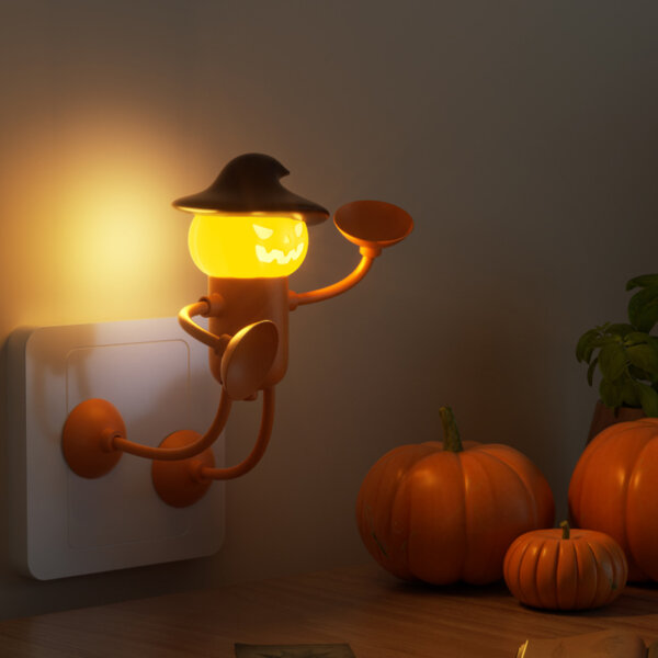 Halloween Pumpkin Plug-in Night Light with Funny Humanoid Shape and Witch Hat