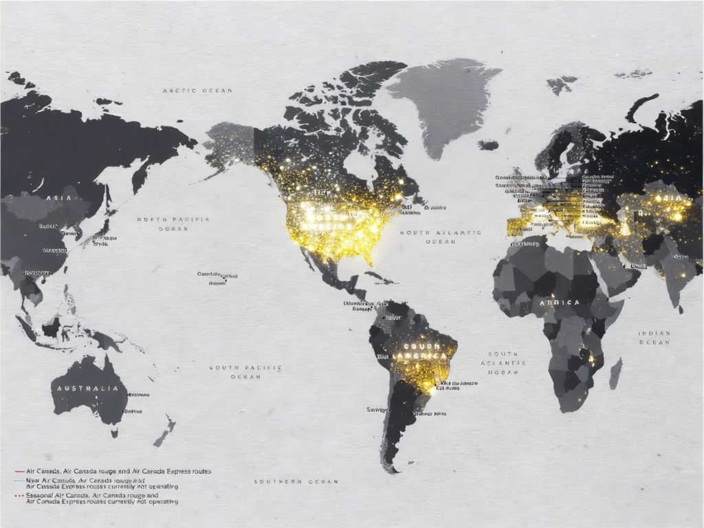 World map background with night light product elements from different countries, symbolizing global suppliers and market presence.