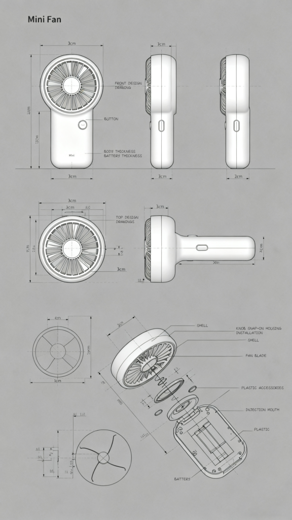 Mini fan design blueprint showing patented structure and portable functional layout.