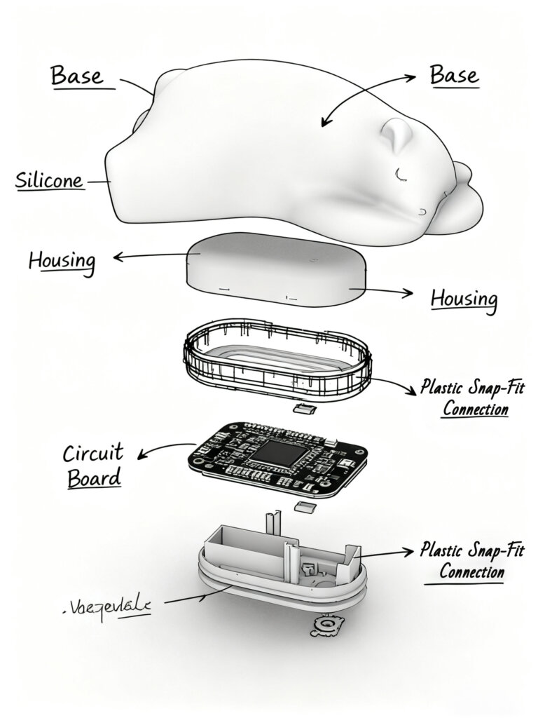 Silicone tap night light design sketch, safe soft material, child-friendly, tap to control light.