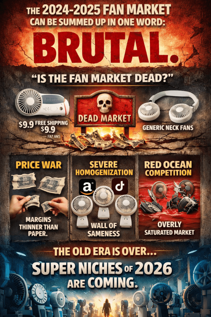 Visual analysis of the 2024–2025 handheld fan market showing intense price competition, product homogenization, and the shift toward differentiated fan niches in 2026.