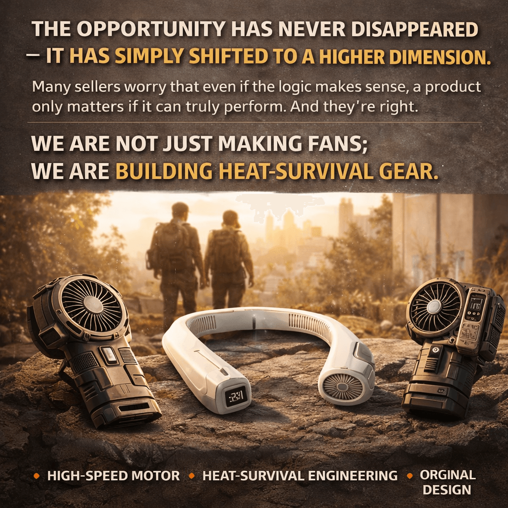 Visualization of next-generation portable fan development focused on high-speed motor innovation, airflow engineering, and premium techwear design for the 2026 market.