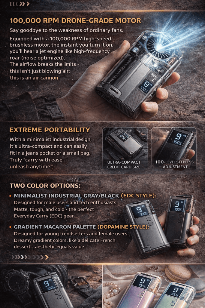Transparent handheld cooling fan showcasing visible high-speed motor, AI temperature chip, and instant frost cooling plate for Gen Z techwear aesthetics.