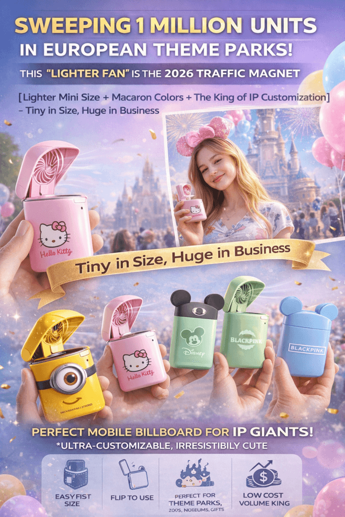 Ultra-mini pocket fan in cute macaron colors, lighter-sized with one-hand flip open, perfect for theme park souvenirs and IP co-branding.