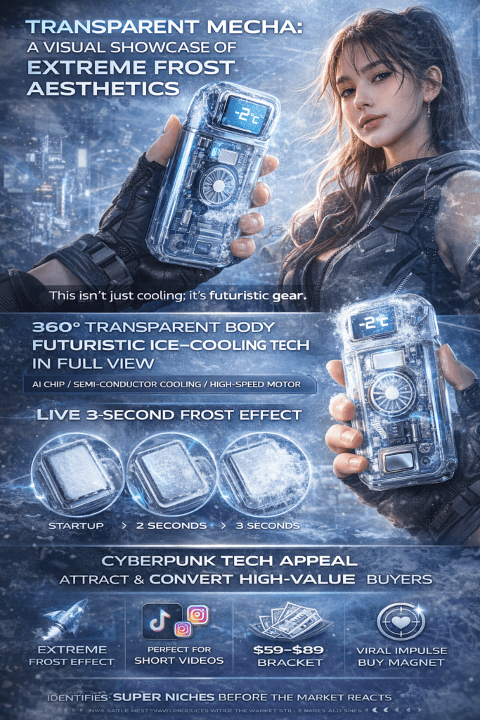 Fully transparent handheld air conditioner revealing internal chipset, cooling wafer and motor, with visible 3-second frost formation for cyberpunk tech-wear style.