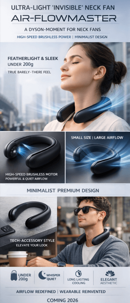 Ultra-lightweight minimalist neck fan in matte finish, resembling premium noise-cancelling headphones, providing invisible surround cooling under 200g.
