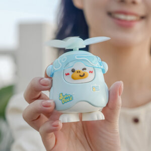 Cute open-page duck mini fan with wearable neck and handheld design, USB rechargeable cartoon cooling fan 9198Y