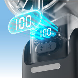 Semiconductor Ice Cooling 100-Speed Handheld Mini Fan, showing its transparent air guide cover, central cooling ice pad, and LED digital display showing numbers.