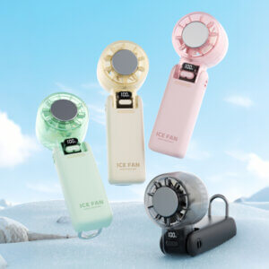 Semiconductor Ice Cooling 100-Speed Handheld Mini Fan, showing its transparent air guide cover, central cooling ice pad, and LED digital display showing numbers.