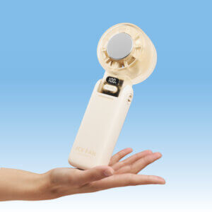 Semiconductor Ice Cooling 100-Speed Handheld Mini Fan, showing its transparent air guide cover, central cooling ice pad, and LED digital display showing numbers.