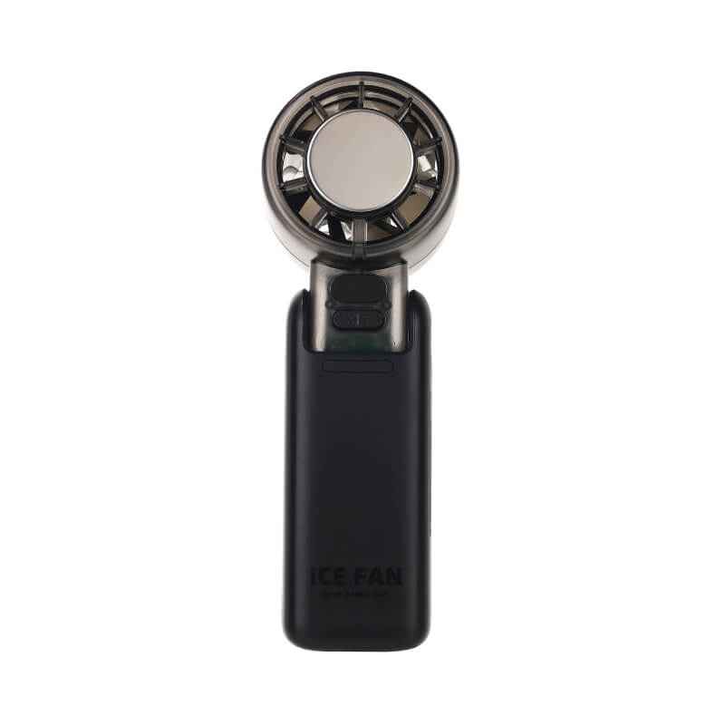 Semiconductor Ice Cooling 100-Speed Handheld Mini Fan, showing its transparent air guide cover, central cooling ice pad, and LED digital display showing numbers.