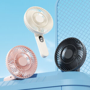 Foldable Handheld and Desktop Mini Fan, showing its stable folded desktop form and spiral front grille details.