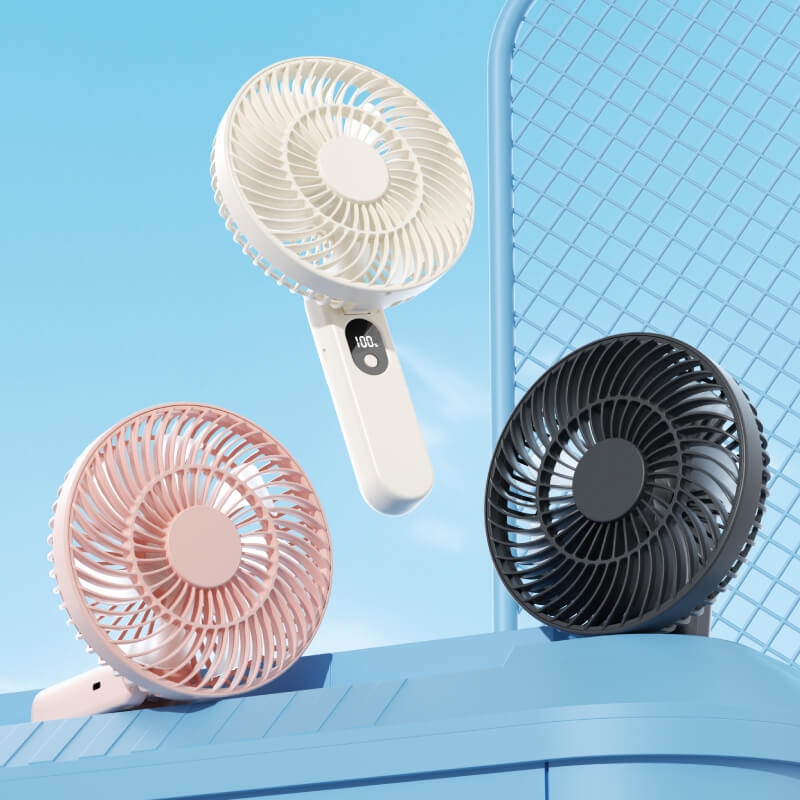 Foldable Handheld and Desktop Mini Fan, showing its stable folded desktop form and spiral front grille details.