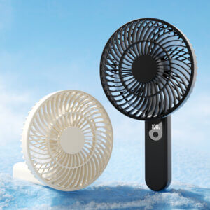 Foldable Handheld and Desktop Mini Fan, showing its stable folded desktop form and spiral front grille details.