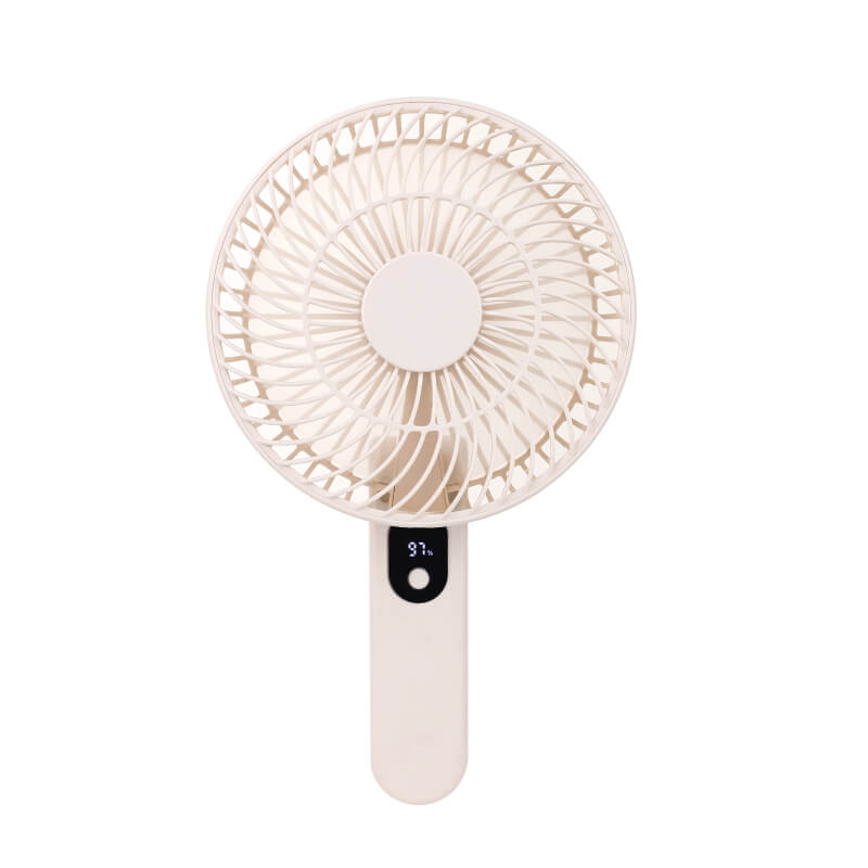 Foldable Handheld and Desktop Mini Fan, showing its stable folded desktop form and spiral front grille details.