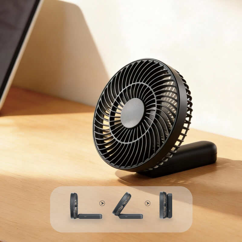 Foldable Handheld and Desktop Mini Fan, showing its stable folded desktop form and spiral front grille details.