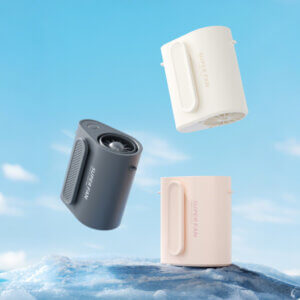 Multifunctional Waist and Neck Mounted Outdoor Portable Fan, showing its capsule-shaped body, turbine air outlet, and the deployed stable clip-stand structure at the bottom.