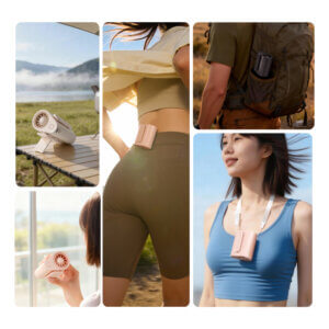 Multifunctional Waist and Neck Mounted Outdoor Portable Fan, showing its capsule-shaped body, turbine air outlet, and the deployed stable clip-stand structure at the bottom.