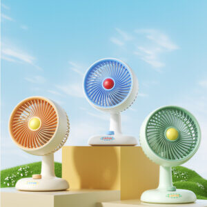 Automatic Oscillating Desktop Quiet Mini Fan, showing its white and blue two-tone appearance, spiral grille, and blue knob switch on the base.