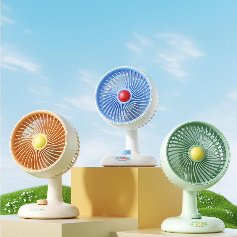 Automatic Oscillating Desktop Quiet Mini Fan, showing its white and blue two-tone appearance, spiral grille, and blue knob switch on the base.