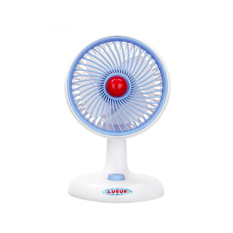 Automatic Oscillating Desktop Quiet Mini Fan, showing its white and blue two-tone appearance, spiral grille, and blue knob switch on the base.