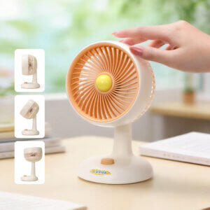 Automatic Oscillating Desktop Quiet Mini Fan, showing its white and blue two-tone appearance, spiral grille, and blue knob switch on the base.