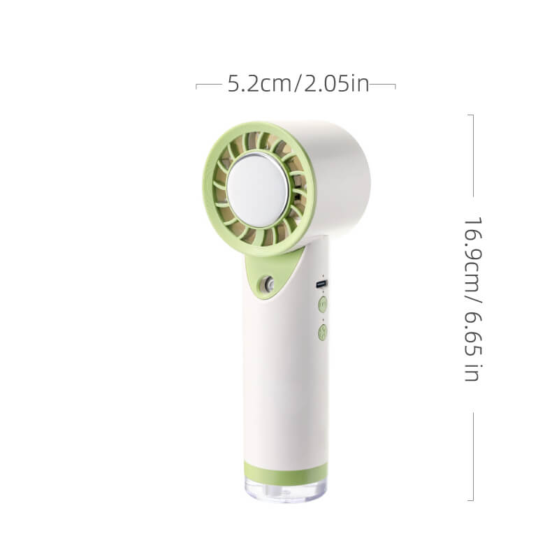 Semiconductor Ice Cooling Mist Spray Handheld Mini Fan, showing its central metal ice pad, air guide grille, fine mist nozzle below, and side control buttons, available in beige and white colorways.