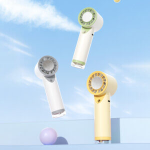Semiconductor Ice Cooling Mist Spray Handheld Mini Fan, showing its central metal ice pad, air guide grille, fine mist nozzle below, and side control buttons, available in beige and white colorways.