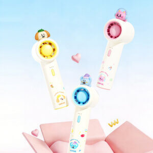 Cute Cartoon Figurine Handheld Mini Fan, showing its top 3D animal figurines, circular fan head, and printed handles in pink and yellow accents.