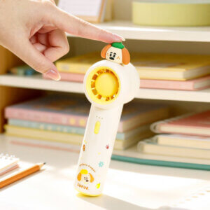 Cute Cartoon Figurine Handheld Mini Fan, showing its top 3D animal figurines, circular fan head, and printed handles in pink and yellow accents.