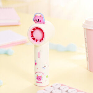 Cute Cartoon Figurine Handheld Mini Fan, showing its top 3D animal figurines, circular fan head, and printed handles in pink and yellow accents.