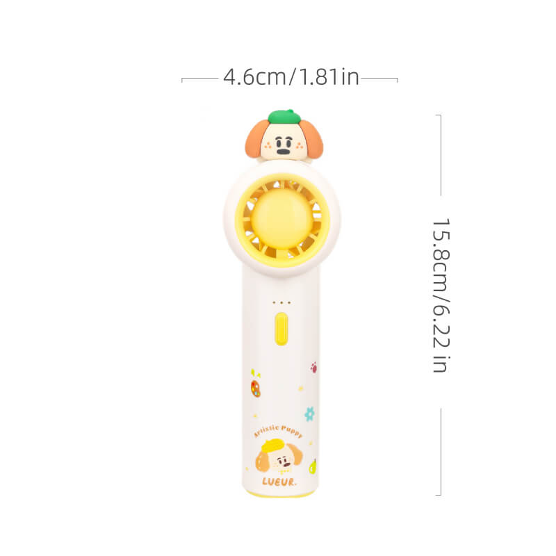 Cute Cartoon Figurine Handheld Mini Fan, showing its top 3D animal figurines, circular fan head, and printed handles in pink and yellow accents.
