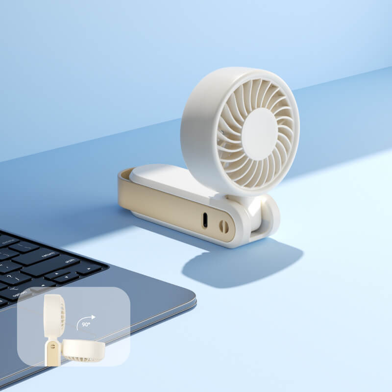 Foldable Neck and Bag Hanging High-Speed Handheld Fan, showing its beige body, folding joint, front grille, and multifunctional hanging loop structure at the bottom.