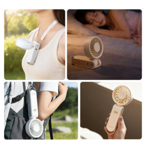 Foldable Neck and Bag Hanging High-Speed Handheld Fan, showing its beige body, folding joint, front grille, and multifunctional hanging loop structure at the bottom.