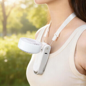 Foldable Neck and Bag Hanging High-Speed Handheld Fan, showing its beige body, folding joint, front grille, and multifunctional hanging loop structure at the bottom.