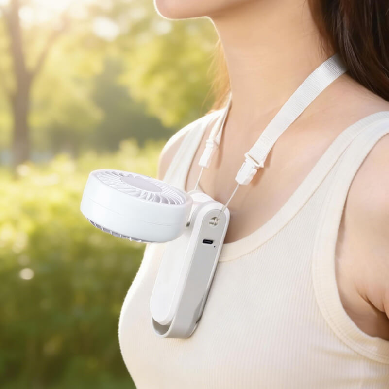 Foldable Neck and Bag Hanging High-Speed Handheld Fan, showing its beige body, folding joint, front grille, and multifunctional hanging loop structure at the bottom.