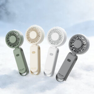 Foldable Neck and Bag Hanging High-Speed Handheld Fan, showing its beige body, folding joint, front grille, and multifunctional hanging loop structure at the bottom.