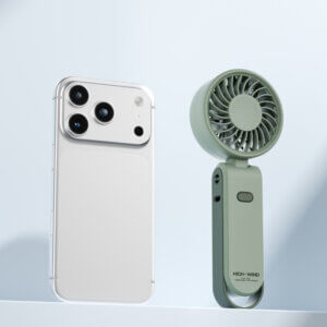 Foldable Neck and Bag Hanging High-Speed Handheld Fan, showing its beige body, folding joint, front grille, and multifunctional hanging loop structure at the bottom.