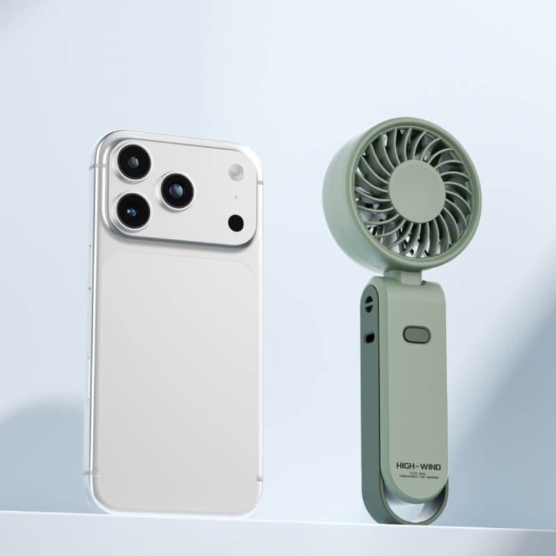 Foldable Neck and Bag Hanging High-Speed Handheld Fan, showing its beige body, folding joint, front grille, and multifunctional hanging loop structure at the bottom.