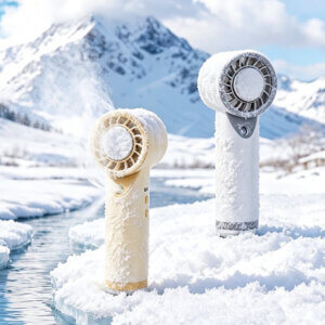 Semiconductor Ice Cooling Mist Spray Handheld Mini Fan, showing its central metal ice pad, air guide grille, fine mist nozzle below, and side control buttons, available in beige and white colorways.