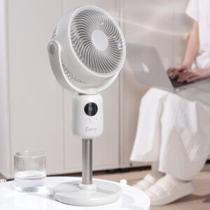 3 Height Adjustable Portable Wireless Rechargeable Floor Fan, showing its circular fan head, U-shaped bracket, main control column with LED display, metallic telescopic rod, and circular base.