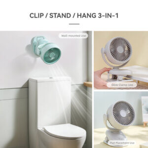 Automatic Oscillating Clip-on Desktop Mini Fan, showing its mint green appearance, spiral air guide grille, tilt-adjustable U-bracket, and clamp base with control button.