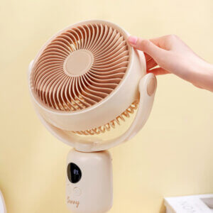 3 Height Adjustable Portable Wireless Rechargeable Floor Fan, showing its circular fan head, U-shaped bracket, main control column with LED display, metallic telescopic rod, and circular base.