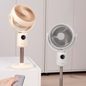 3 Height Adjustable Portable Wireless Rechargeable Floor Fan, showing its circular fan head, U-shaped bracket, main control column with LED display, metallic telescopic rod, and circular base.