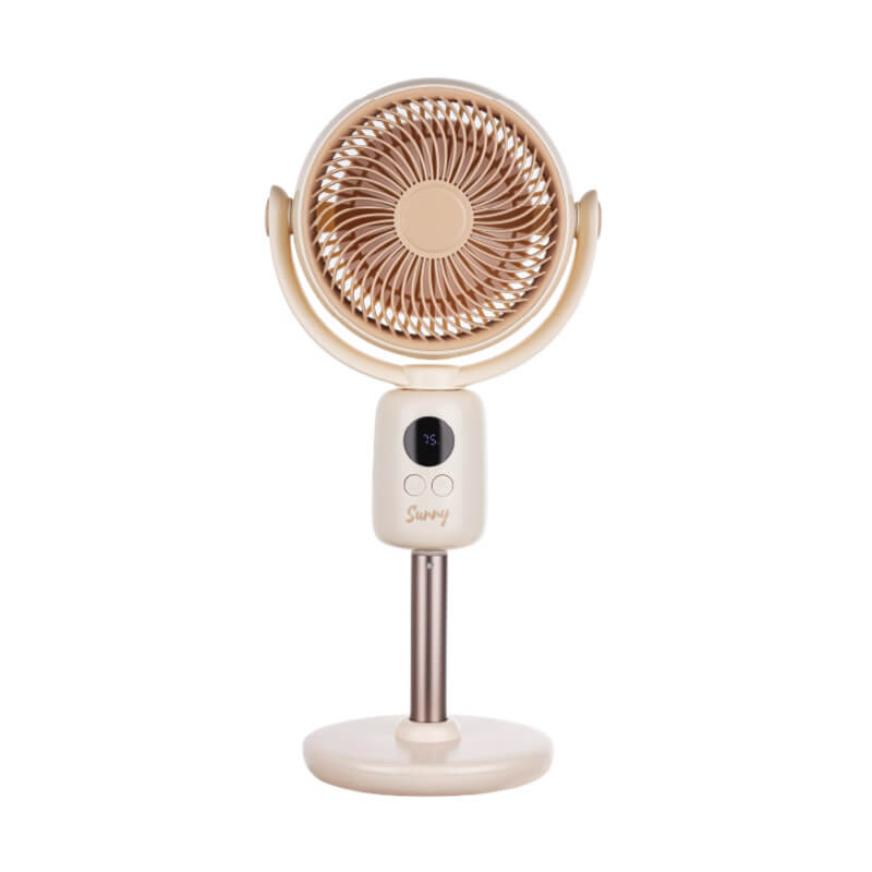 3 Height Adjustable Portable Wireless Rechargeable Floor Fan, showing its circular fan head, U-shaped bracket, main control column with LED display, metallic telescopic rod, and circular base.