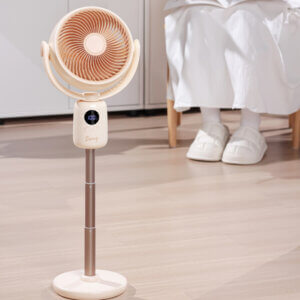 3 Height Adjustable Portable Wireless Rechargeable Floor Fan, showing its circular fan head, U-shaped bracket, main control column with LED display, metallic telescopic rod, and circular base.