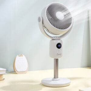 3 Height Adjustable Portable Wireless Rechargeable Floor Fan, showing its circular fan head, U-shaped bracket, main control column with LED display, metallic telescopic rod, and circular base.