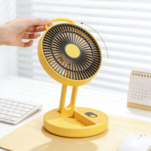 Foldable Portable Wall-Mountable Handheld Desktop Outdoor Fan, showing its top carry loop, circular fan head, folding support arm, back hook mount slot, and circular base with button.