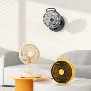 Foldable Portable Wall-Mountable Handheld Desktop Outdoor Fan, showing its top carry loop, circular fan head, folding support arm, back hook mount slot, and circular base with button.
